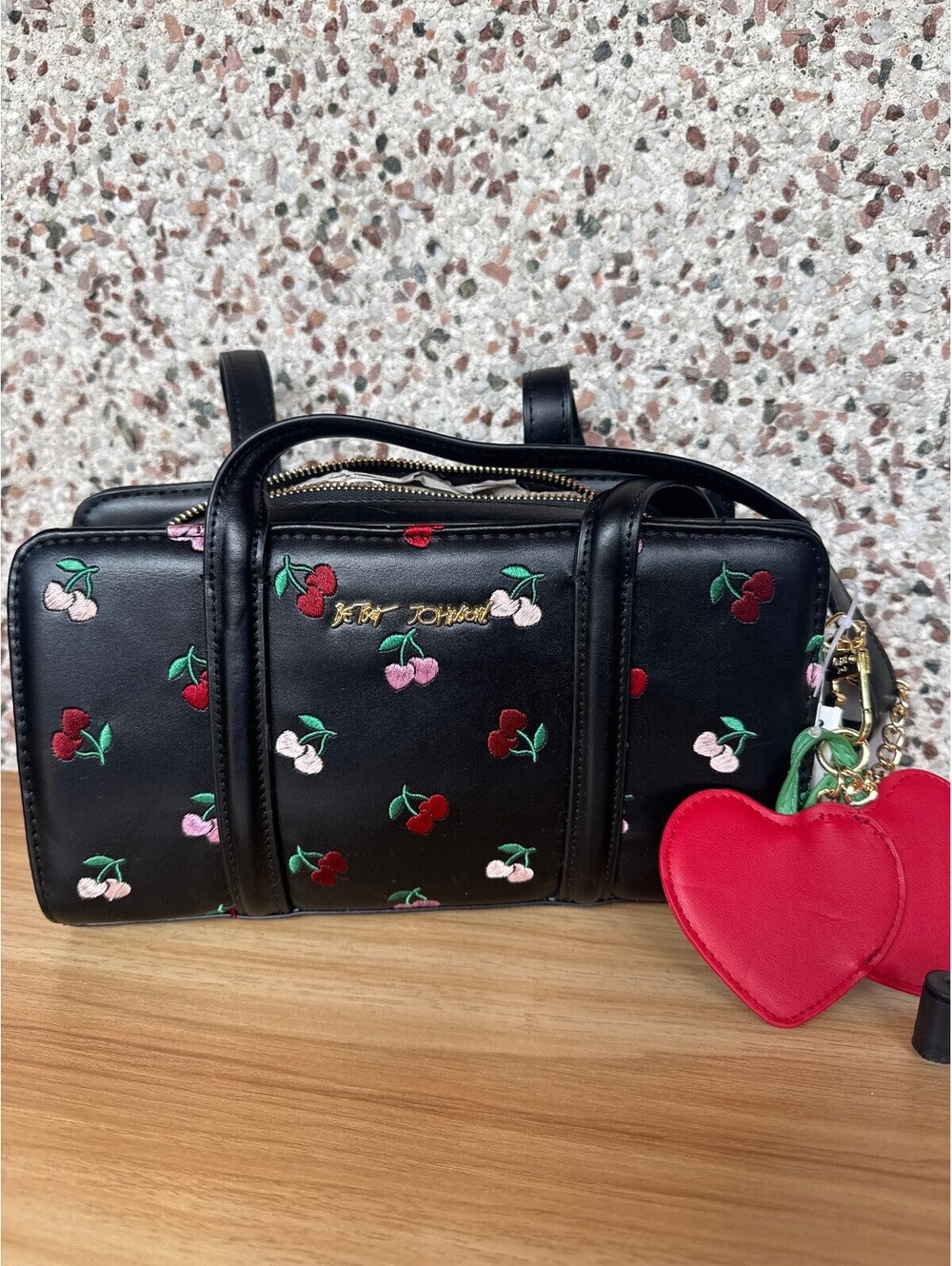 Betsey Johnson NWT Black Cherry Embroidered Satchel with Heart Charm